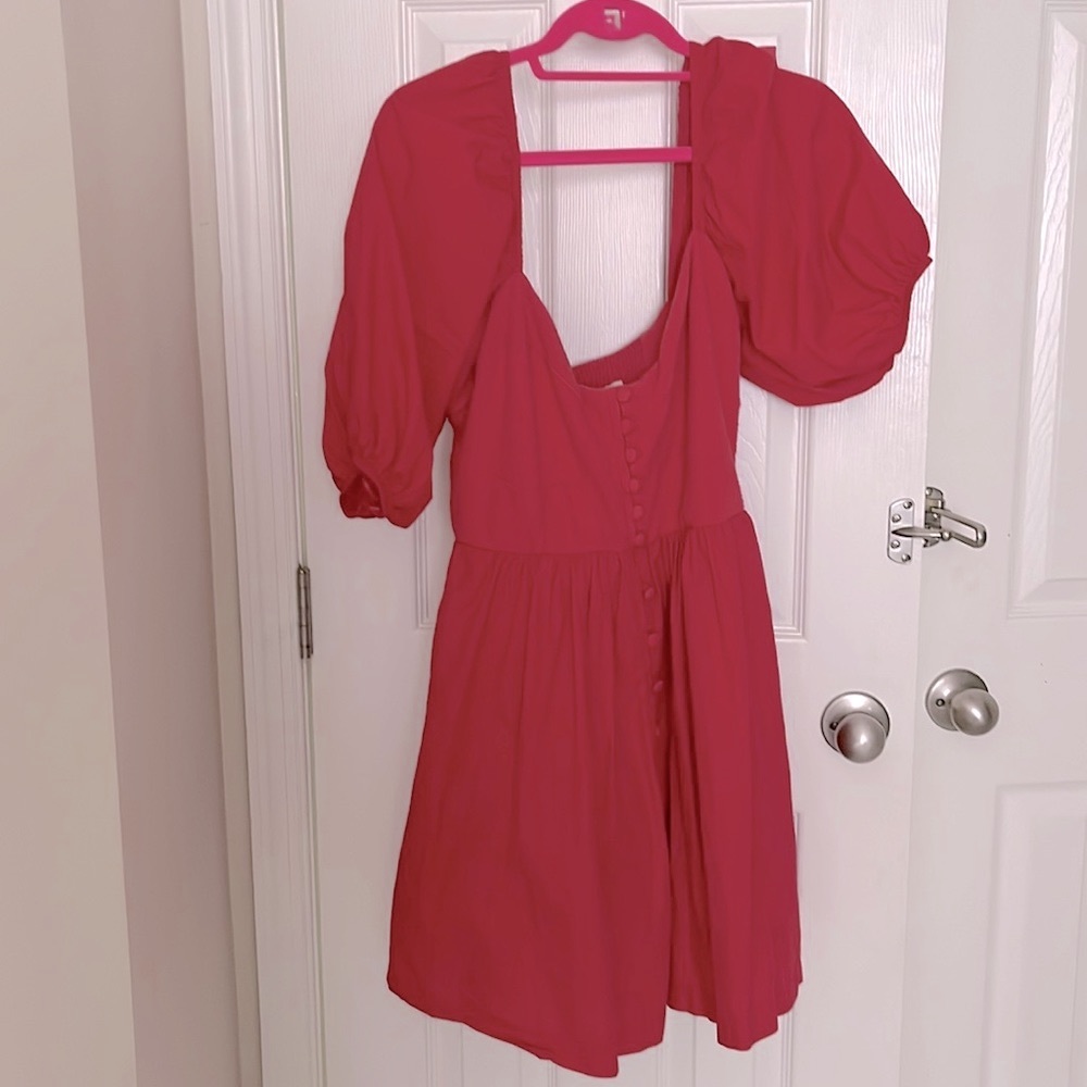 Maeve by Anthropologie short red button front puff sleeve corset dress